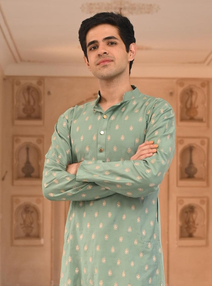 Mulmul Pima Satin Challa Teal Blue Men Kurta with Mulmul Pima Satin Shava Off White Pyajama