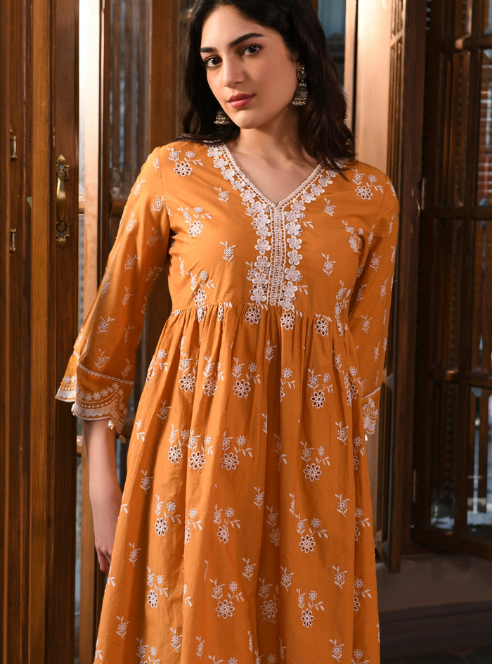 Mulmul Supima Cotton Afarin Orange Anarkali