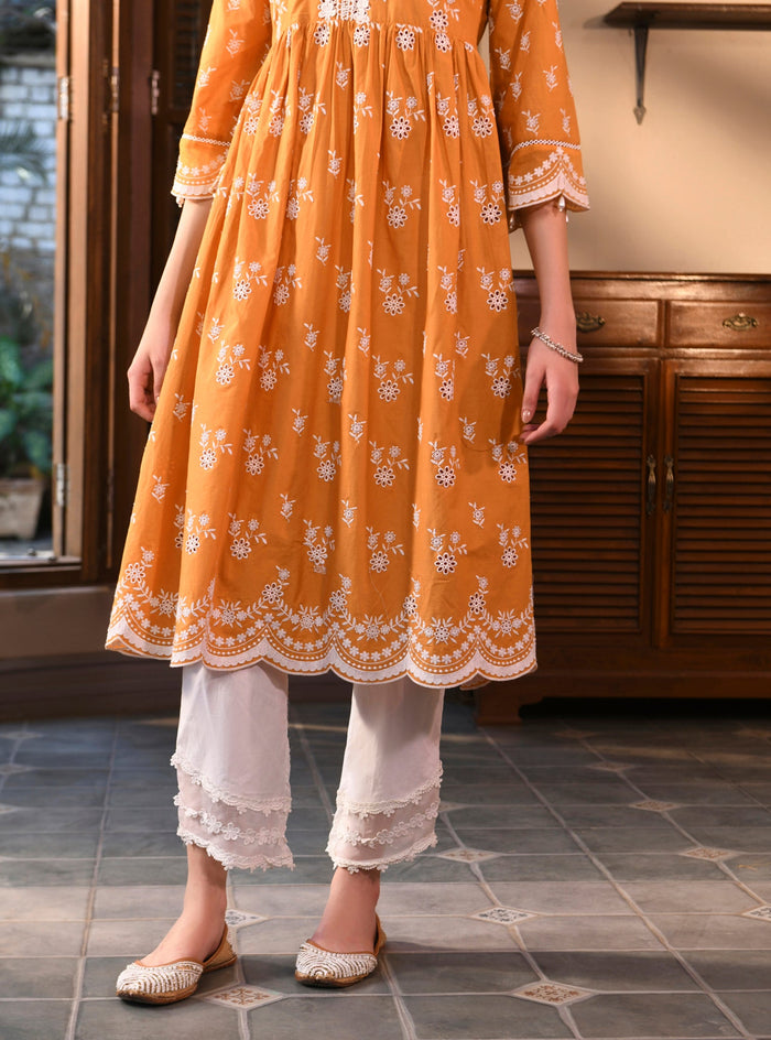 Mulmul Supima Cotton Afarin Orange Anarkali