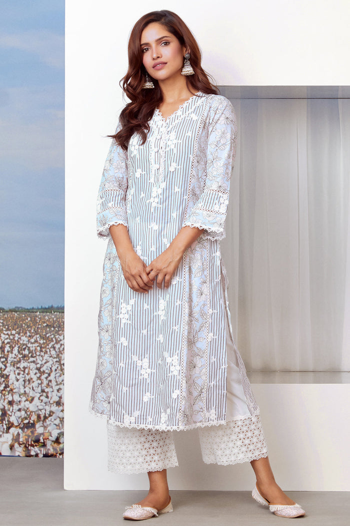 Mulmul Supima Cotton Carnaby Light Blue Kurta