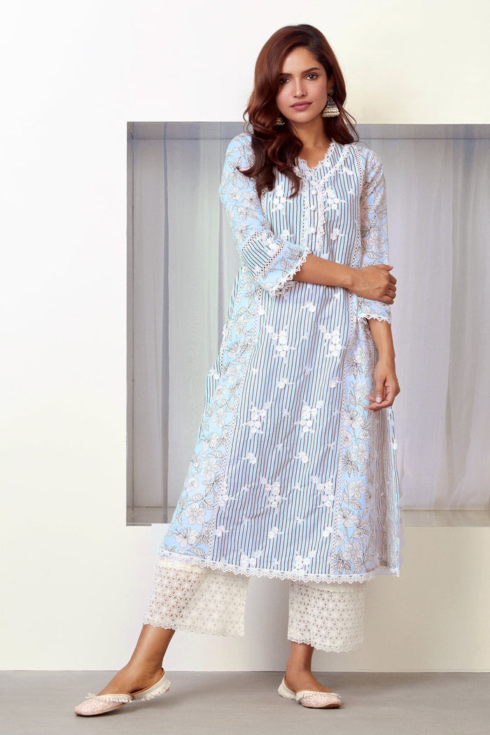 Mulmul Supima Cotton Carnaby Light Blue Kurta