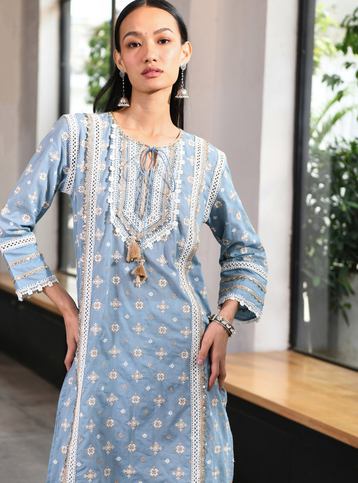Mulmul Supima Cotton Corey Kurta Teal