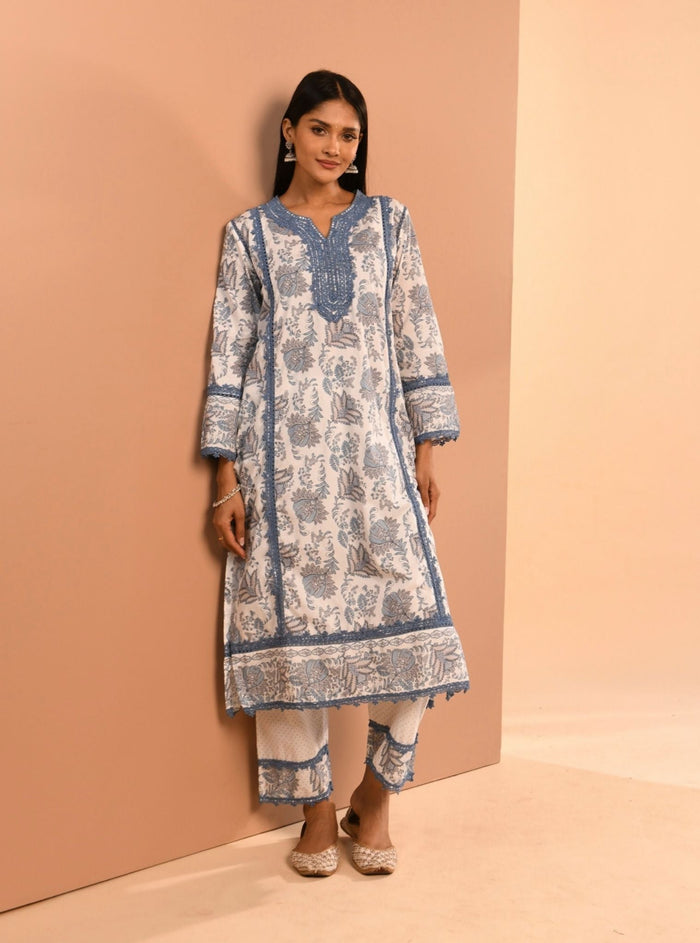 Mulmul Supima Cotton Esti Blue Kurta