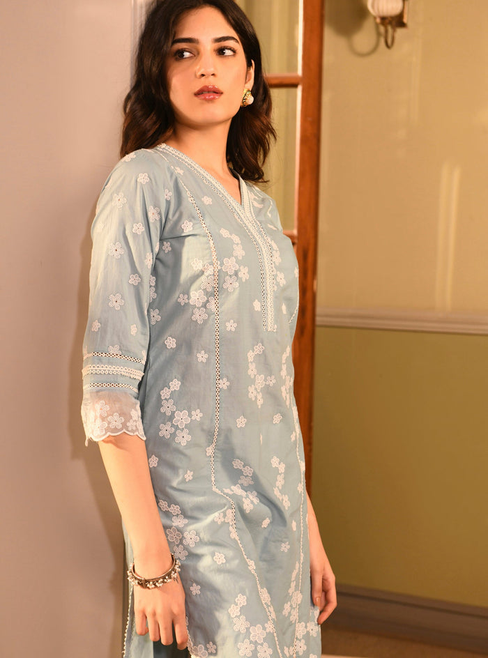 Mulmul Supima Cotton Malisa Light Blue Kurta