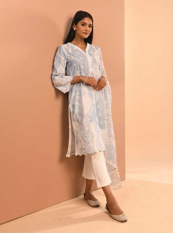 Mulmul Supima Cotton Marble Adela Blue Kurta