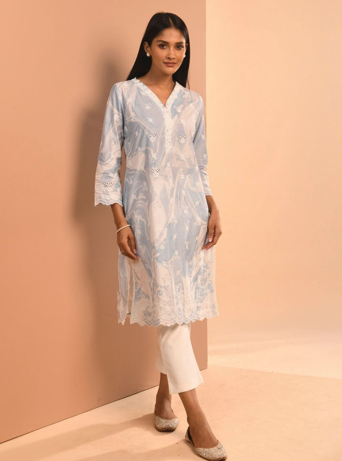 Mulmul Supima Cotton Marble Adela Blue Kurta