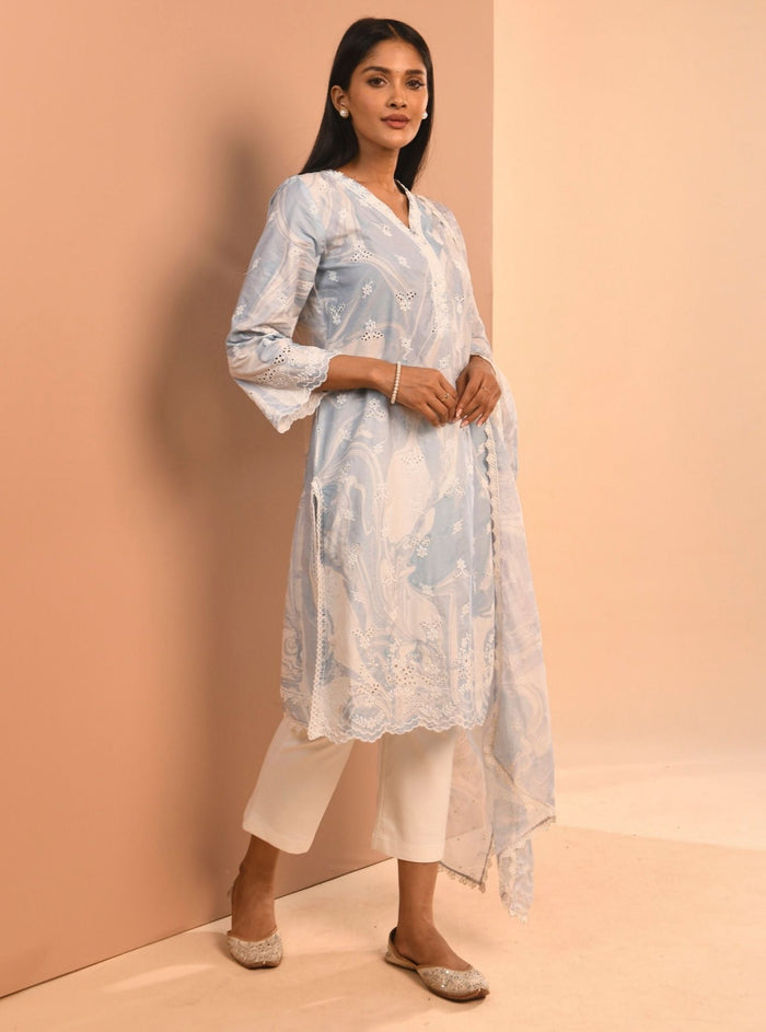Mulmul Supima Cotton Marble Adela Blue Kurta