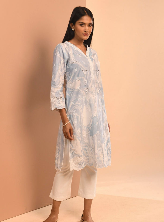 Mulmul Supima Cotton Marble Adela Blue Kurta