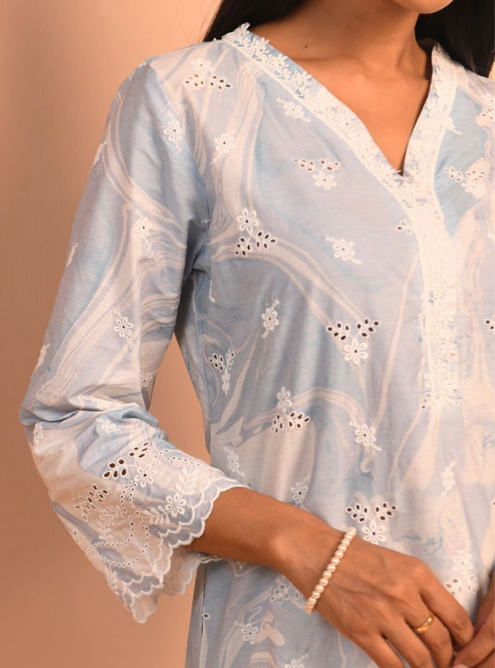 Mulmul Supima Cotton Marble Adela Blue Kurta