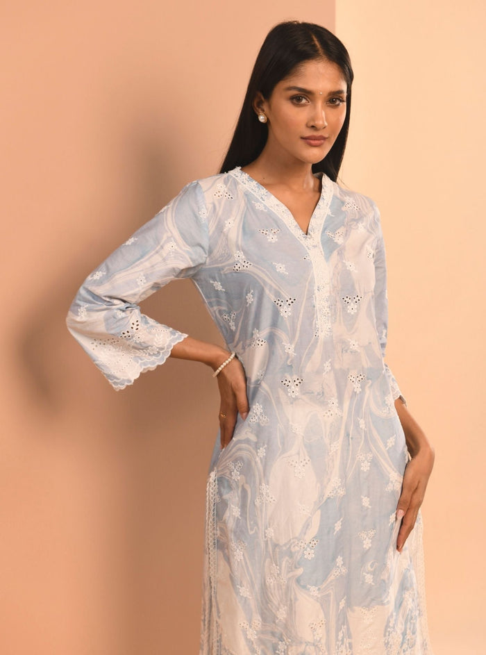 Mulmul Supima Cotton Marble Adela Blue Kurta
