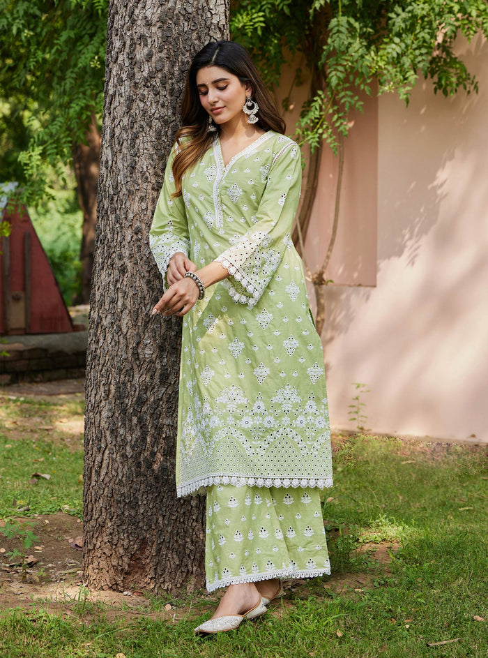 Mulmul Supima Cotton Peehu Green Kurta