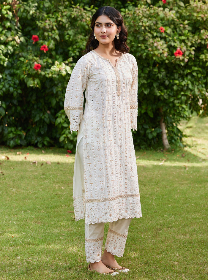 Mulmul Supima Cotton Purvayi Off White Pant