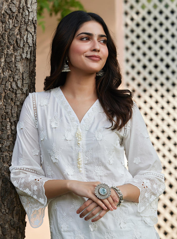 Mulmul Supima Cotton Reeva Off White Kurta
