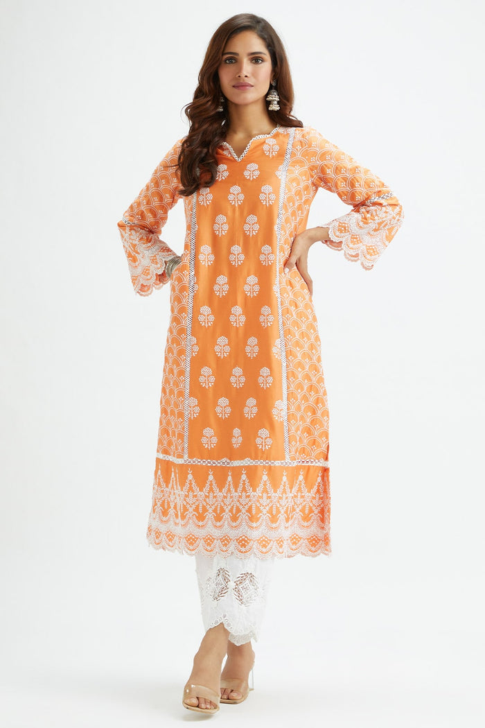 Mulmul Supima Satin Blair Orange Kurta
