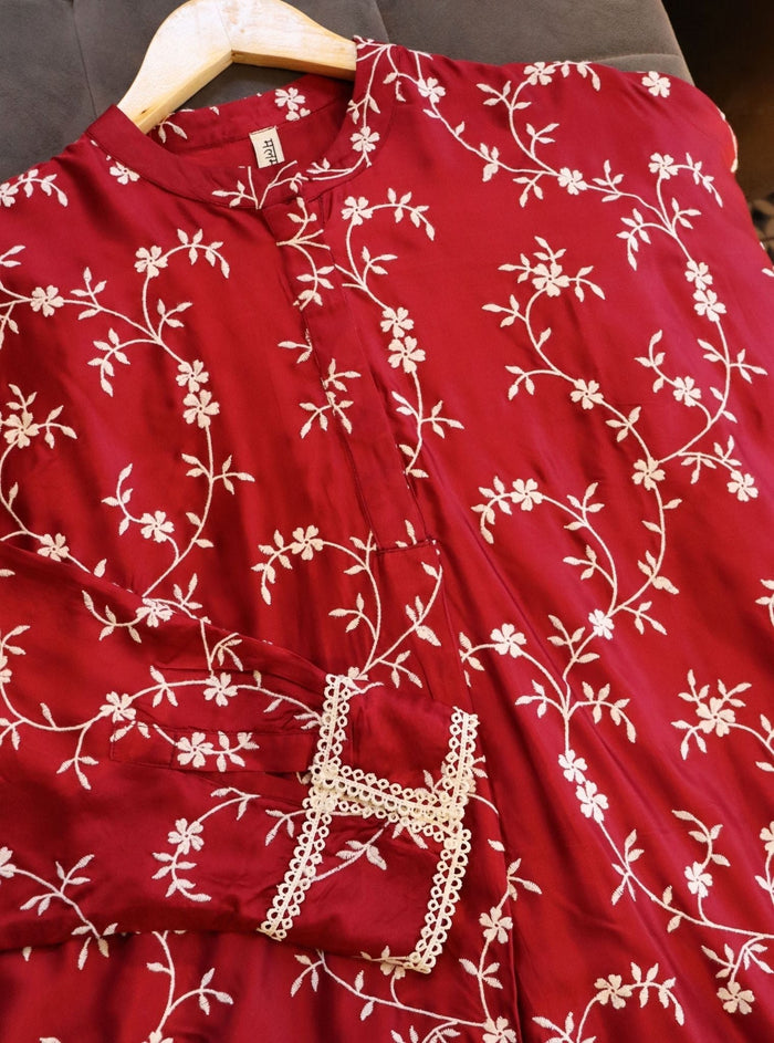 Pheme Cupro Wine Kurta Set