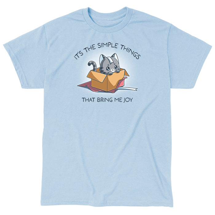 Classic Cotton T-shirt_TeeTurtle light blue Purr Box of Joy apparel featuring a gray cat in an unwrapped box with wrapping paper and ribbons, and the caption, “It’s the Simple Things That Bring Me Joy“.