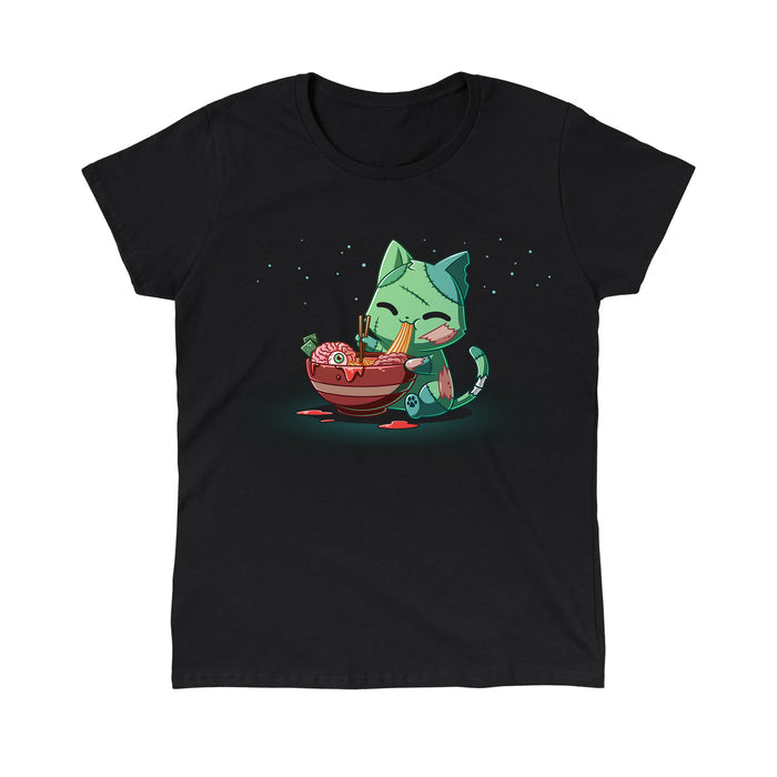 Classic Cotton T-shirt_TeeTurtle black Ramen Zombie Cat apparel featuring a green zombie cat eating a bowl of ramen noodles with a brain and eyeball in it.
