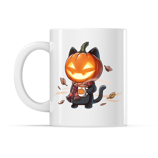 Ceramic Mug_TeeTurtle Ready for Fall white mug featuring a black cat wearing a pumpkin holding a cup of coffee.