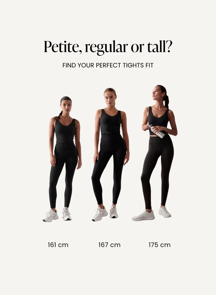 Three models in black activewear showcasing aim'n Sense Tights in petite, regular and tall fits [petite-tall-CM]