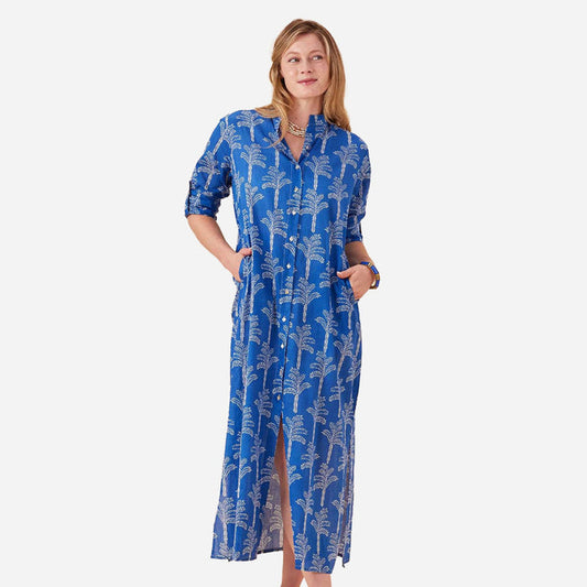Shirt Dress Palms Blue Cotton Long