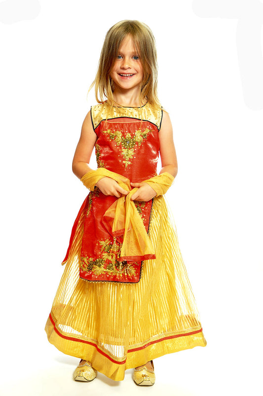 Silk Embroidered Coral Red Kids Lehenga Set
