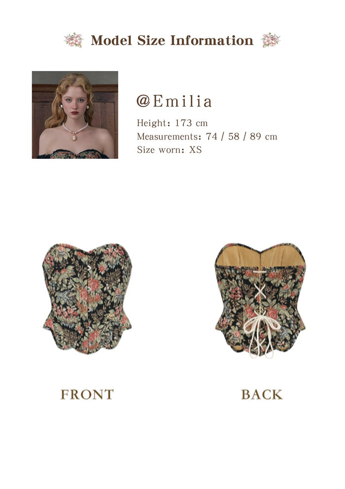 Front and Back view of "Flower & Mirror" black floral corset with overbust silhouette