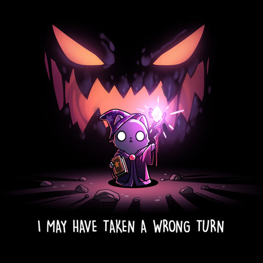 Premium Cotton T-shirt_TeeTurtle black Wrong Turn apparel featuring an anxious cat wizard in a dark cave holding up a staff providing light with silhouette that looks like a sinister monster smiling in the background with the caption, “I May Have Taken a Wrong Turn“.
